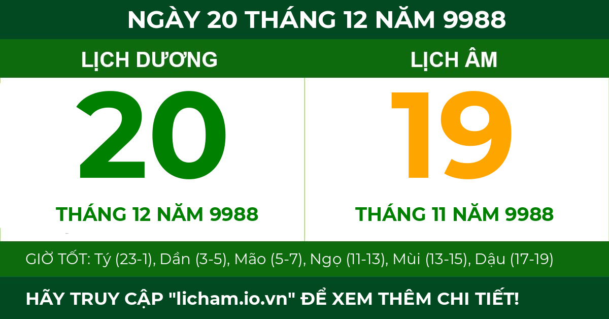 lịch âm ngày 20 tháng 12 năm 9988