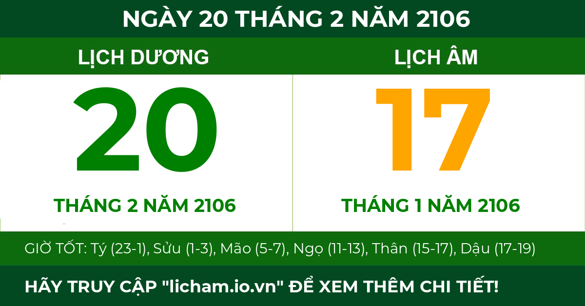lịch âm ngày 20 tháng 2 năm 2106