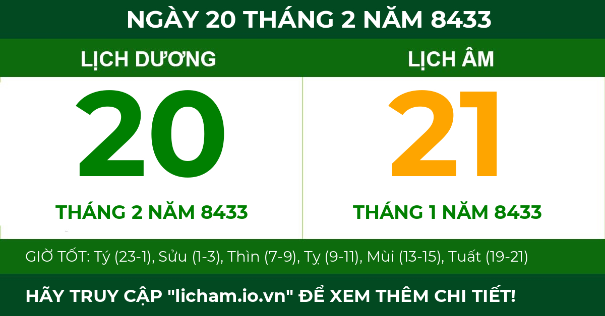 lịch âm ngày 20 tháng 2 năm 8433