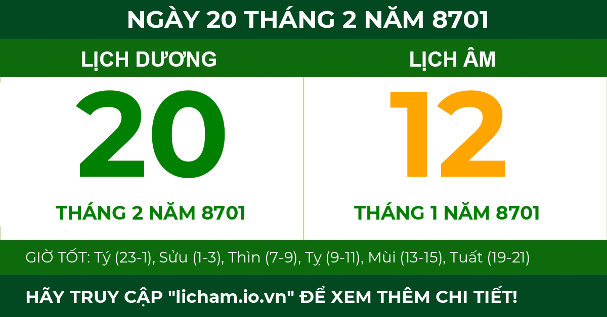lịch âm ngày 20 tháng 2 năm 8701