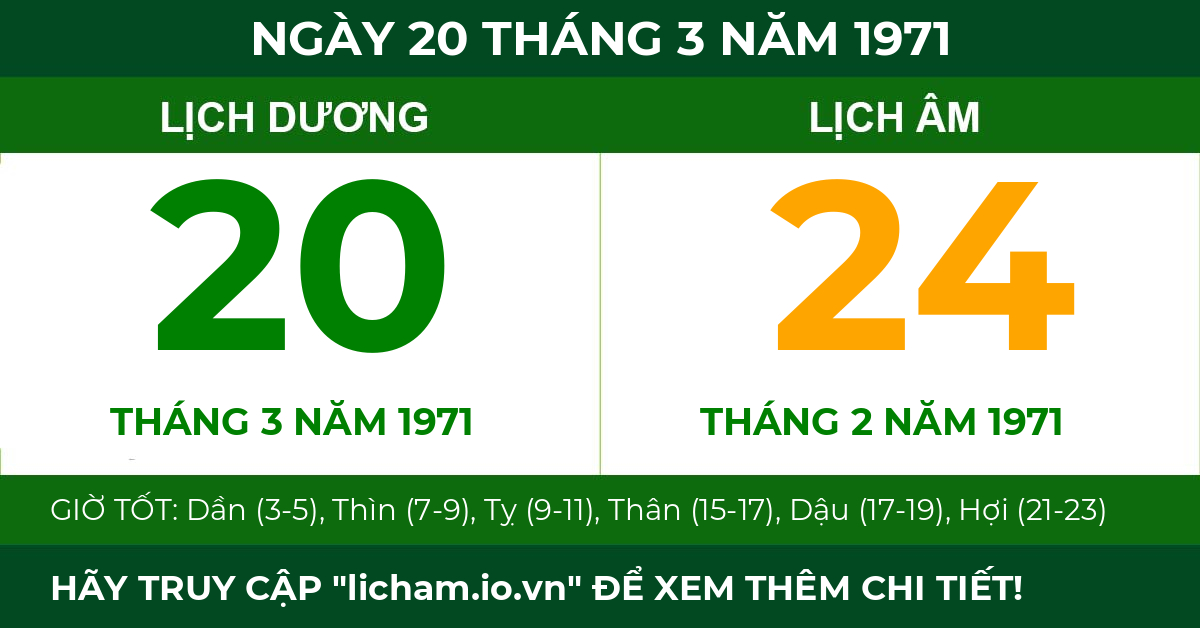 lịch âm ngày 20 tháng 3 năm 1971