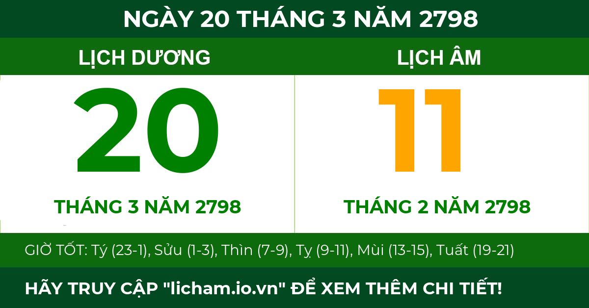 lịch âm ngày 20 tháng 3 năm 2798