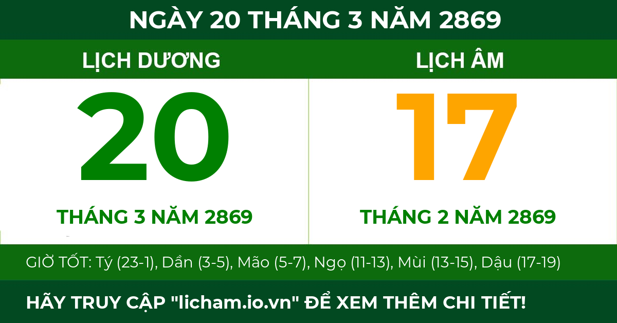 lịch âm ngày 20 tháng 3 năm 2869