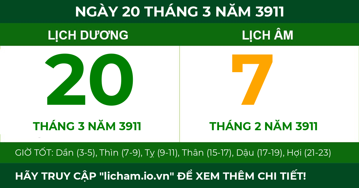 lịch âm ngày 20 tháng 3 năm 3911