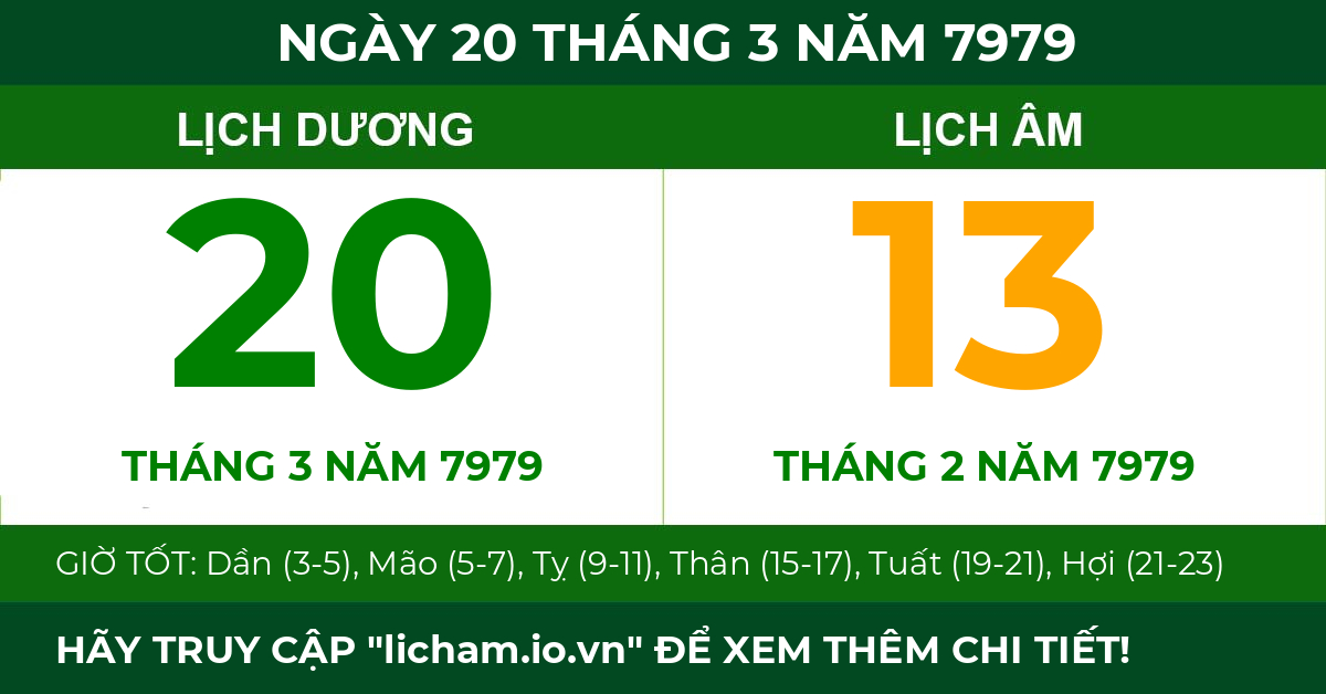 lịch âm ngày 20 tháng 3 năm 7979