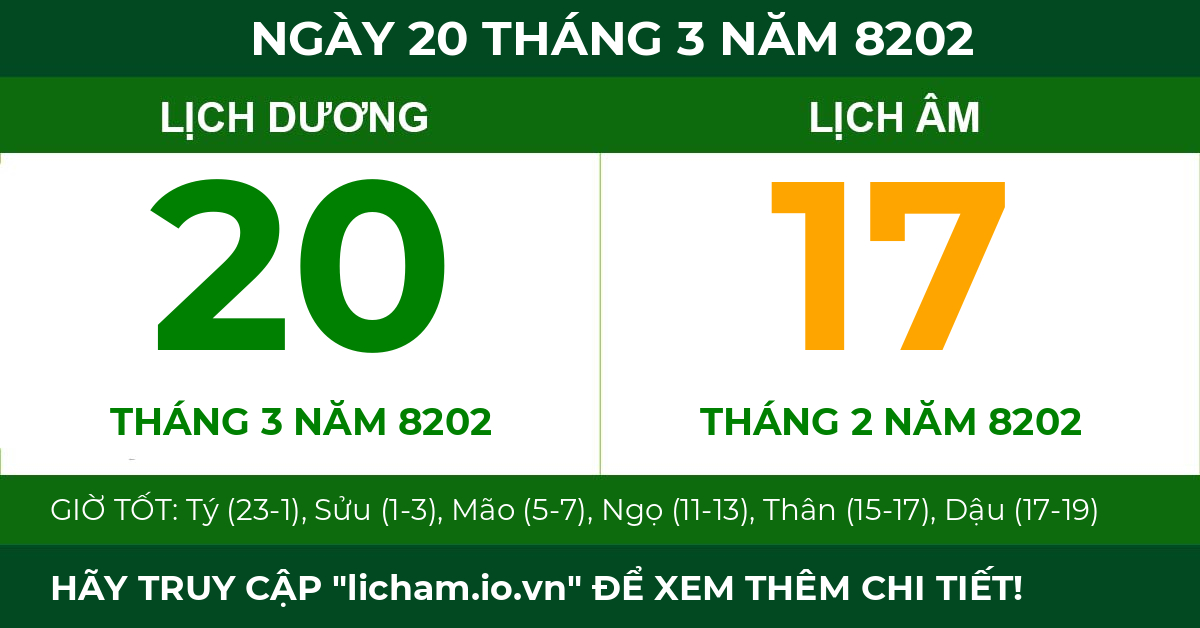 lịch âm ngày 20 tháng 3 năm 8202