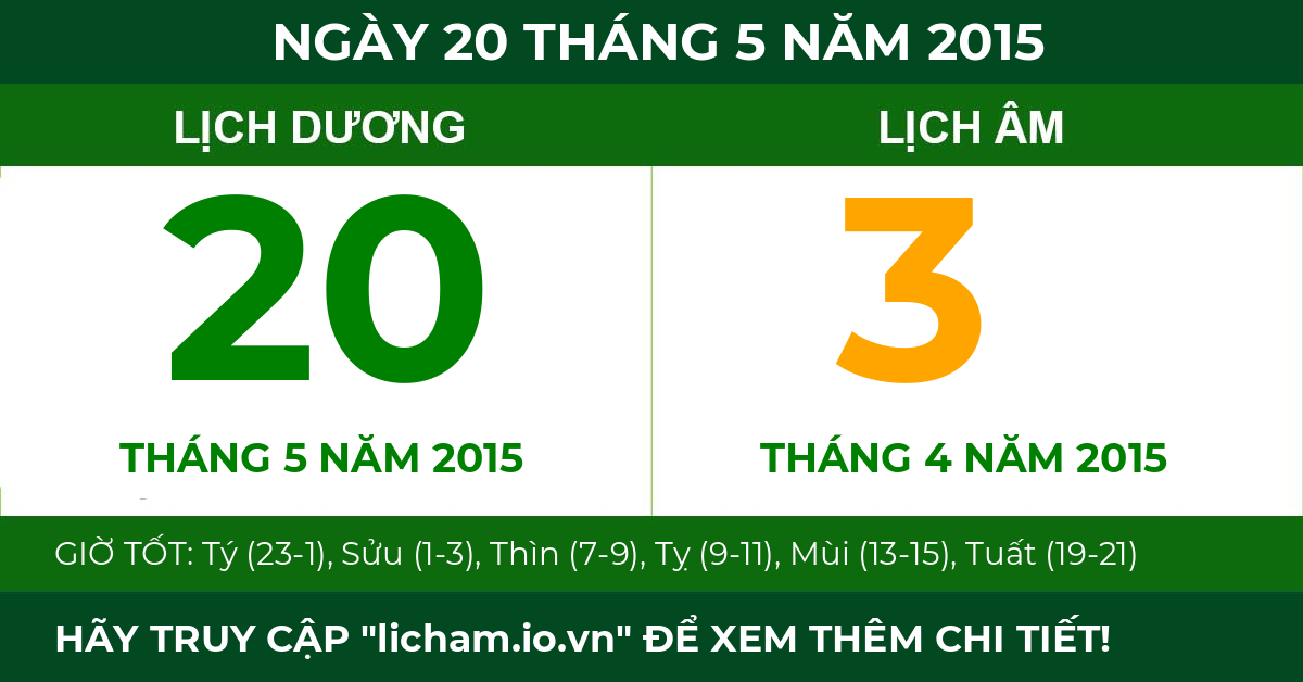 lịch âm ngày 20 tháng 5 năm 2015