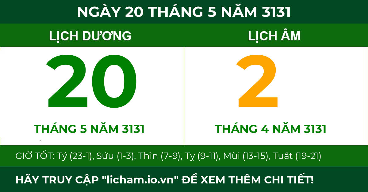 lịch âm ngày 20 tháng 5 năm 3131
