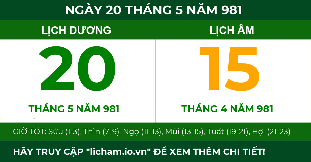 lịch âm ngày 20 tháng 5 năm 981