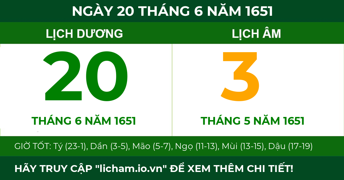 lịch âm ngày 20 tháng 6 năm 1651