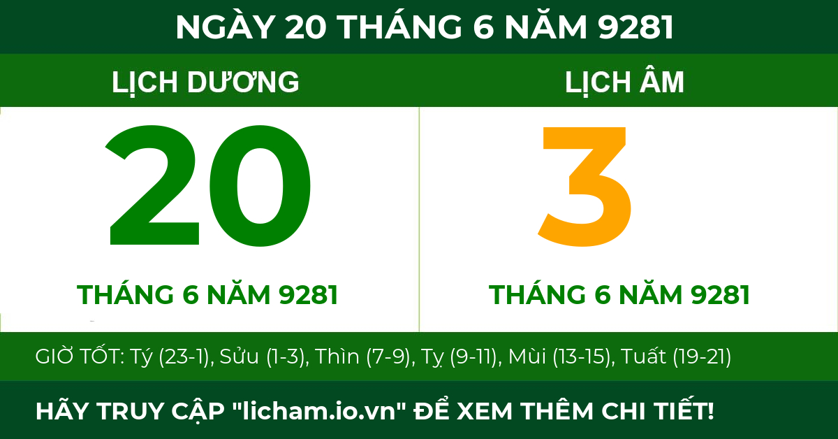 lịch âm ngày 20 tháng 6 năm 9281