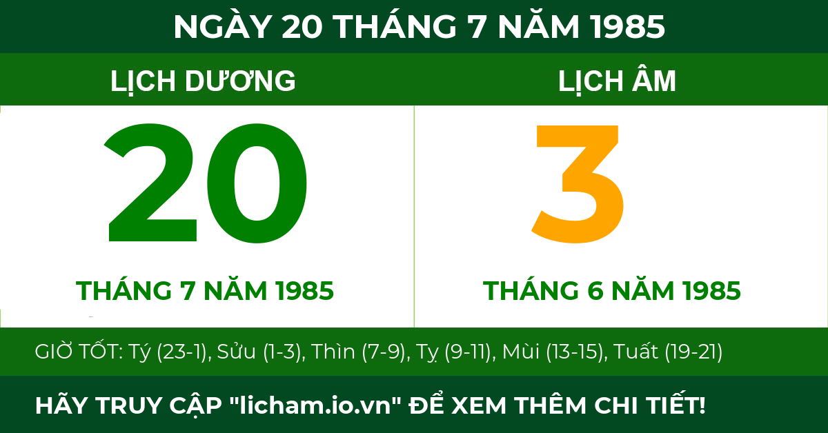 lịch âm ngày 20 tháng 7 năm 1985