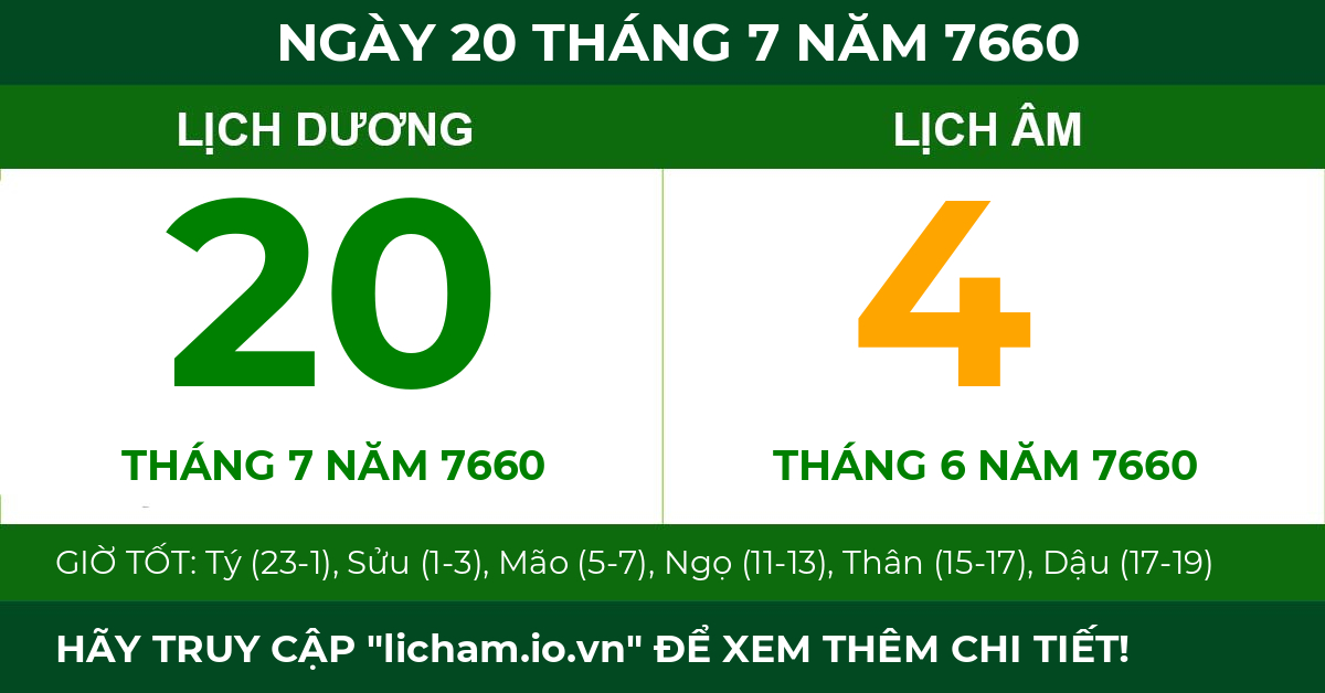lịch âm ngày 20 tháng 7 năm 7660
