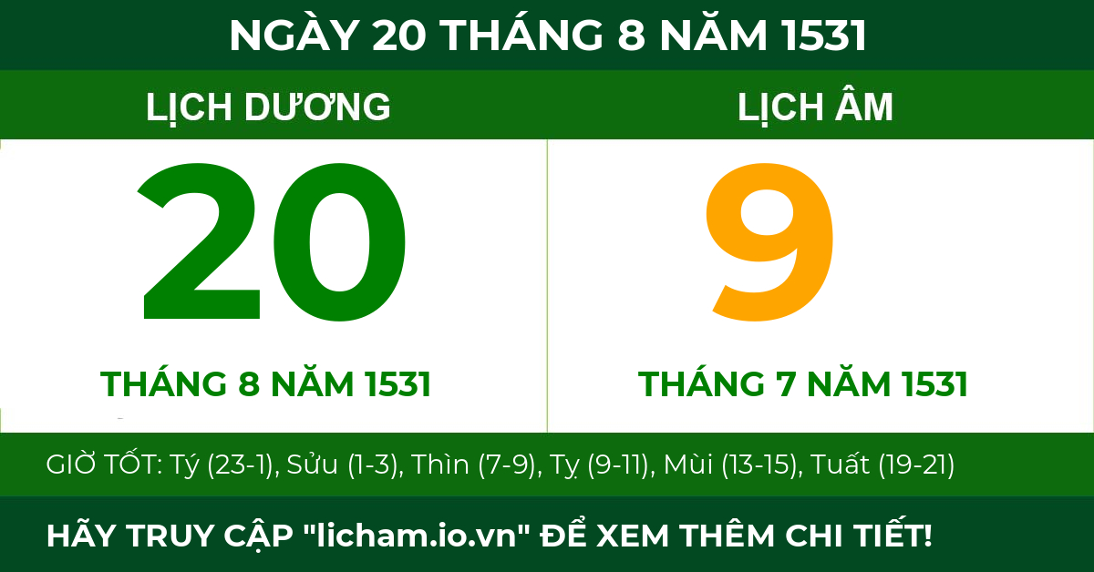 lịch âm ngày 20 tháng 8 năm 1531
