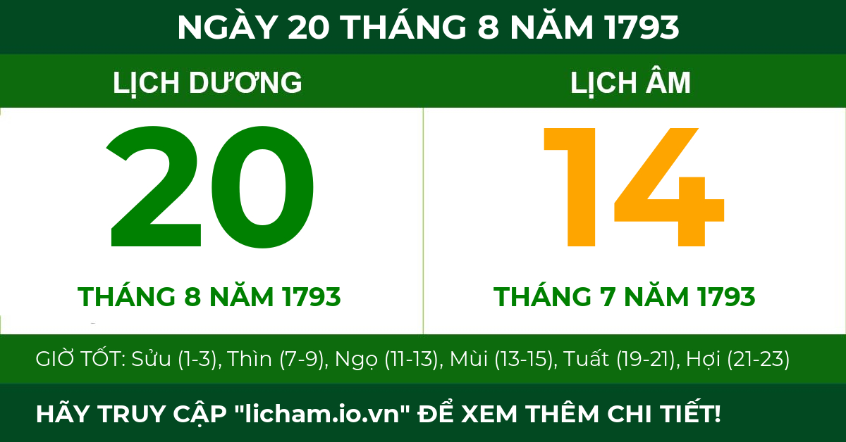lịch âm ngày 20 tháng 8 năm 1793