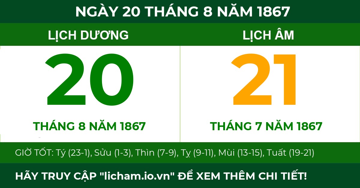 lịch âm ngày 20 tháng 8 năm 1867