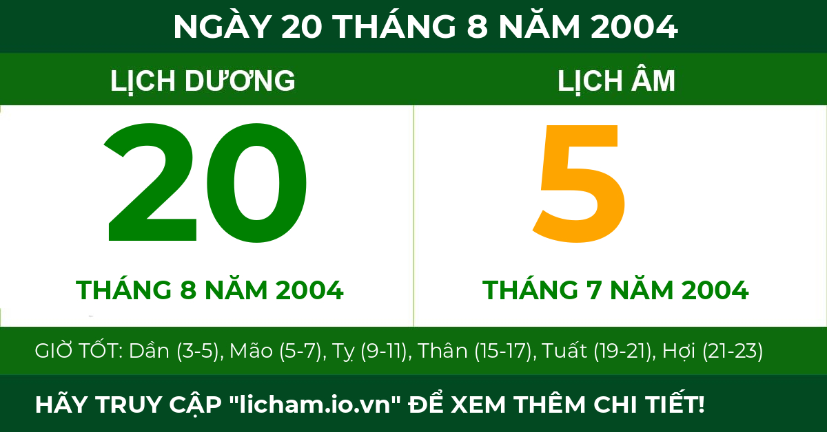 lịch âm ngày 20 tháng 8 năm 2004
