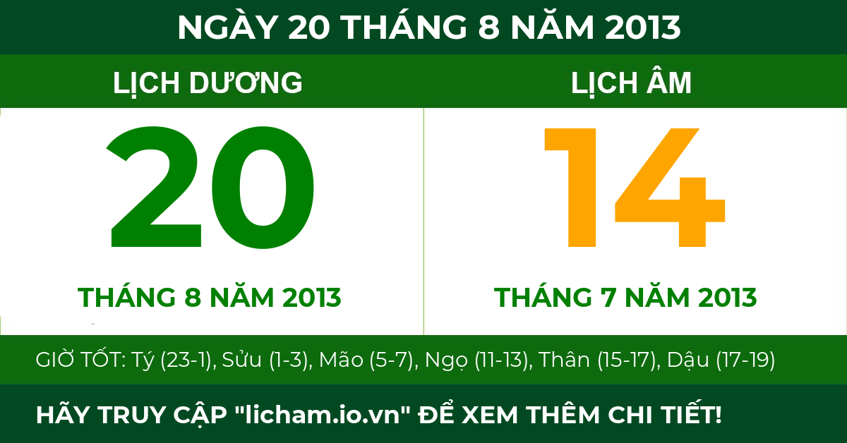 lịch âm ngày 20 tháng 8 năm 2013