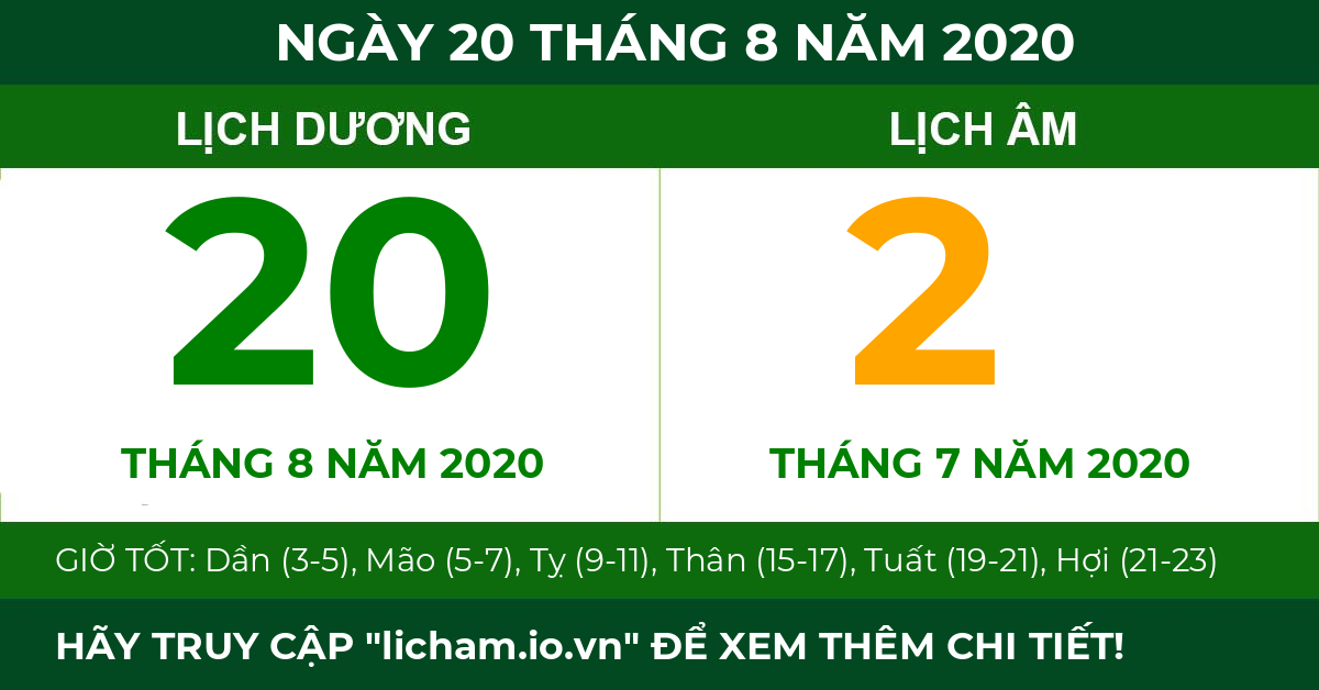 lịch âm ngày 20 tháng 8 năm 2020