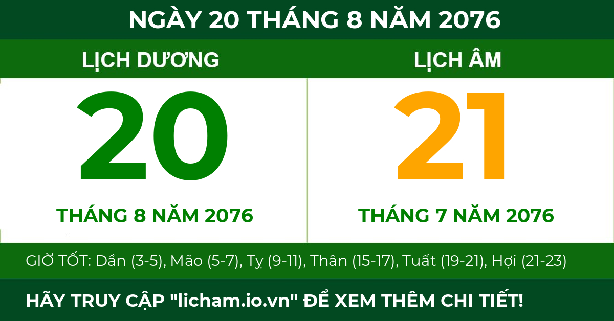 lịch âm ngày 20 tháng 8 năm 2076