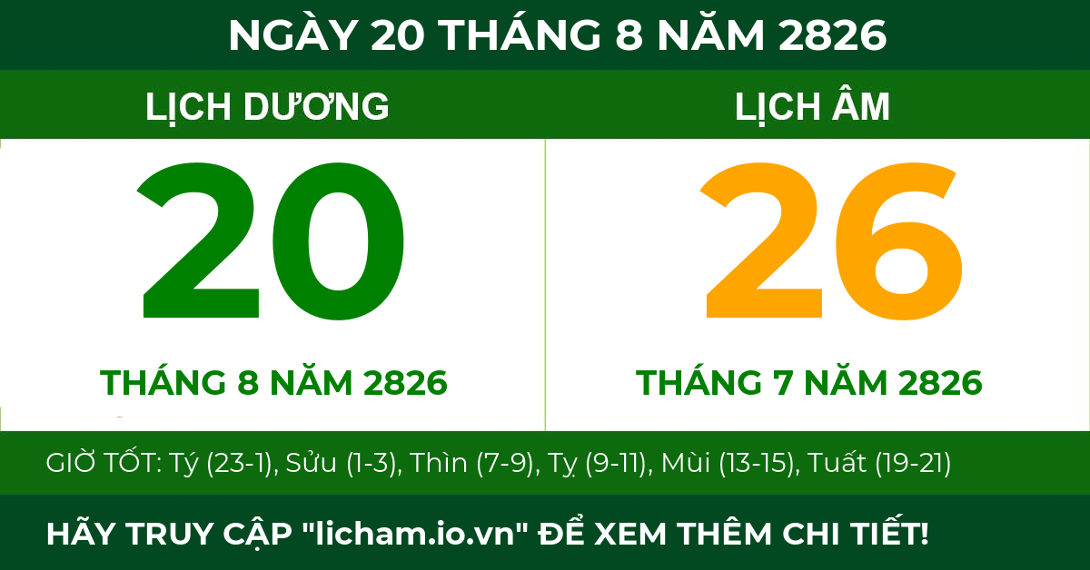 lịch âm ngày 20 tháng 8 năm 2826