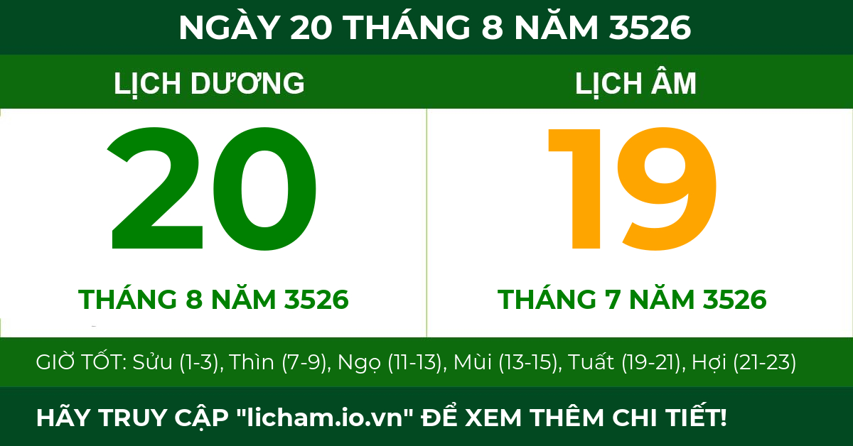 lịch âm ngày 20 tháng 8 năm 3526