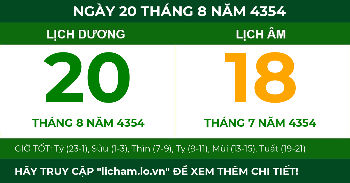 lịch âm ngày 20 tháng 8 năm 4354