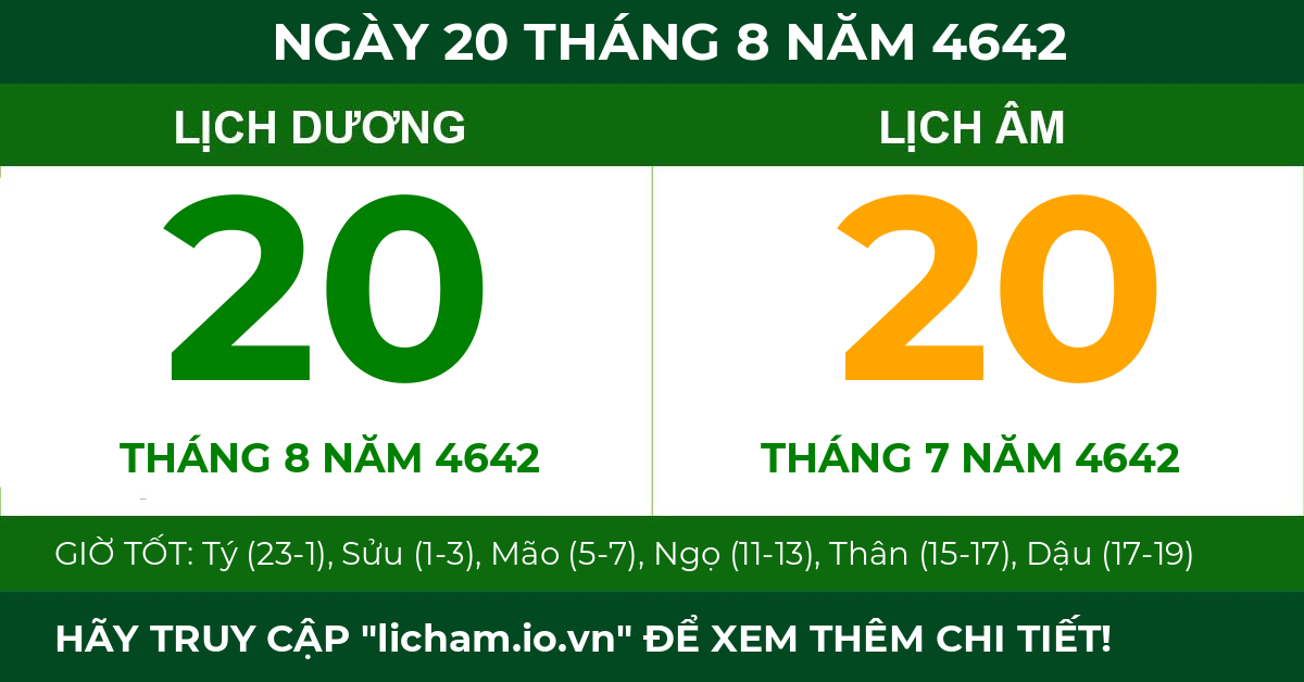 lịch âm ngày 20 tháng 8 năm 4642