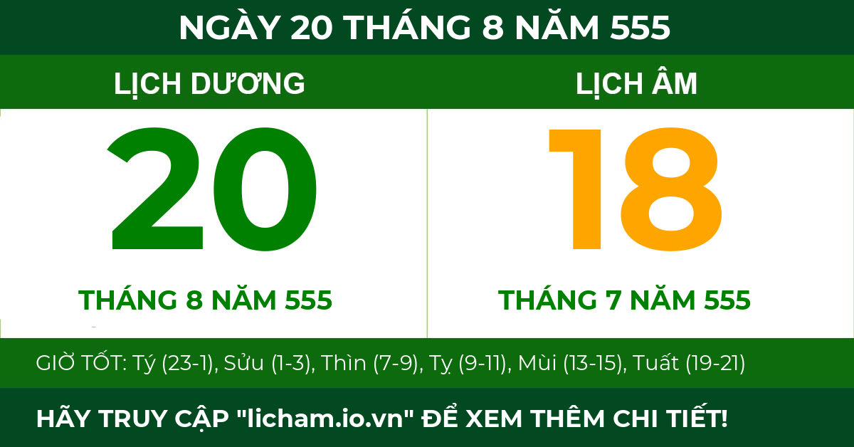 lịch âm ngày 20 tháng 8 năm 555