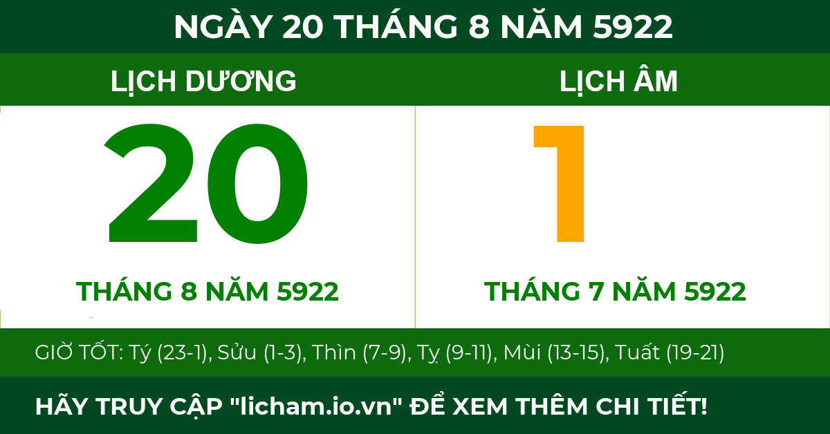 lịch âm ngày 20 tháng 8 năm 5922