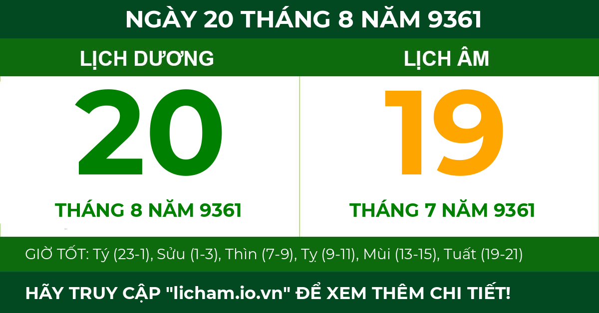 lịch âm ngày 20 tháng 8 năm 9361