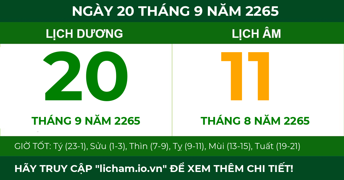 lịch âm ngày 20 tháng 9 năm 2265