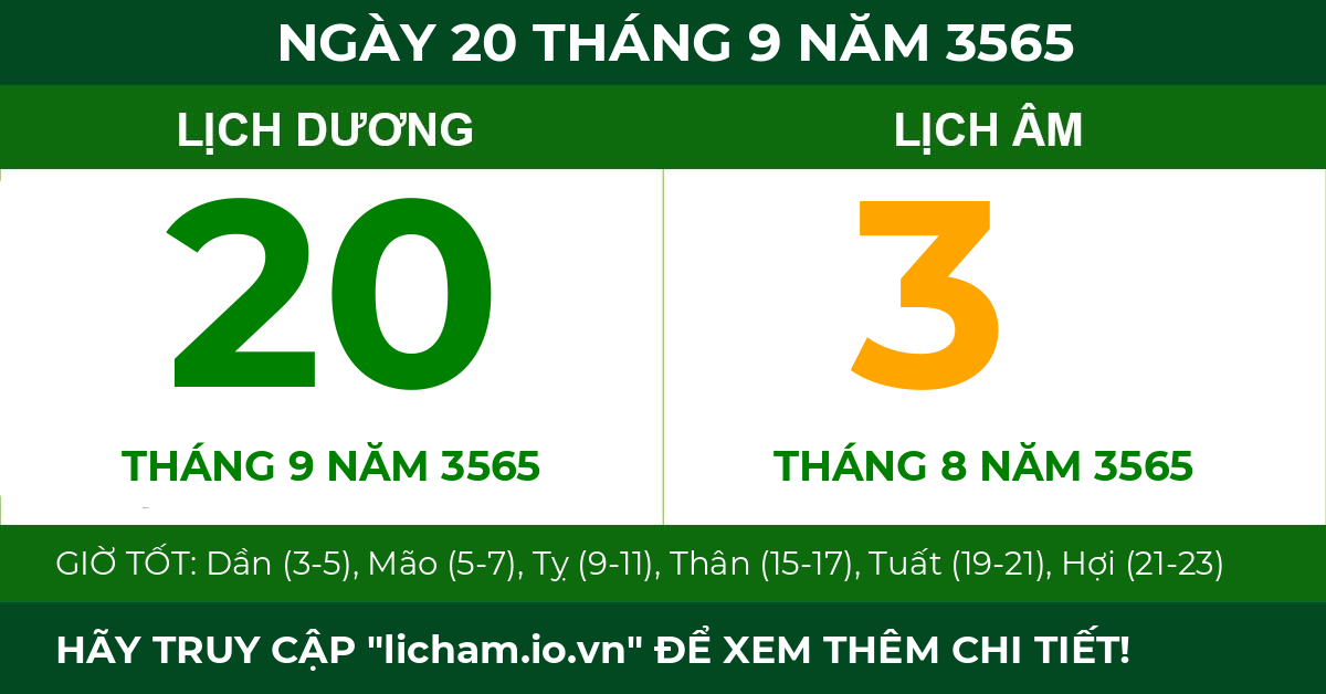 lịch âm ngày 20 tháng 9 năm 3565
