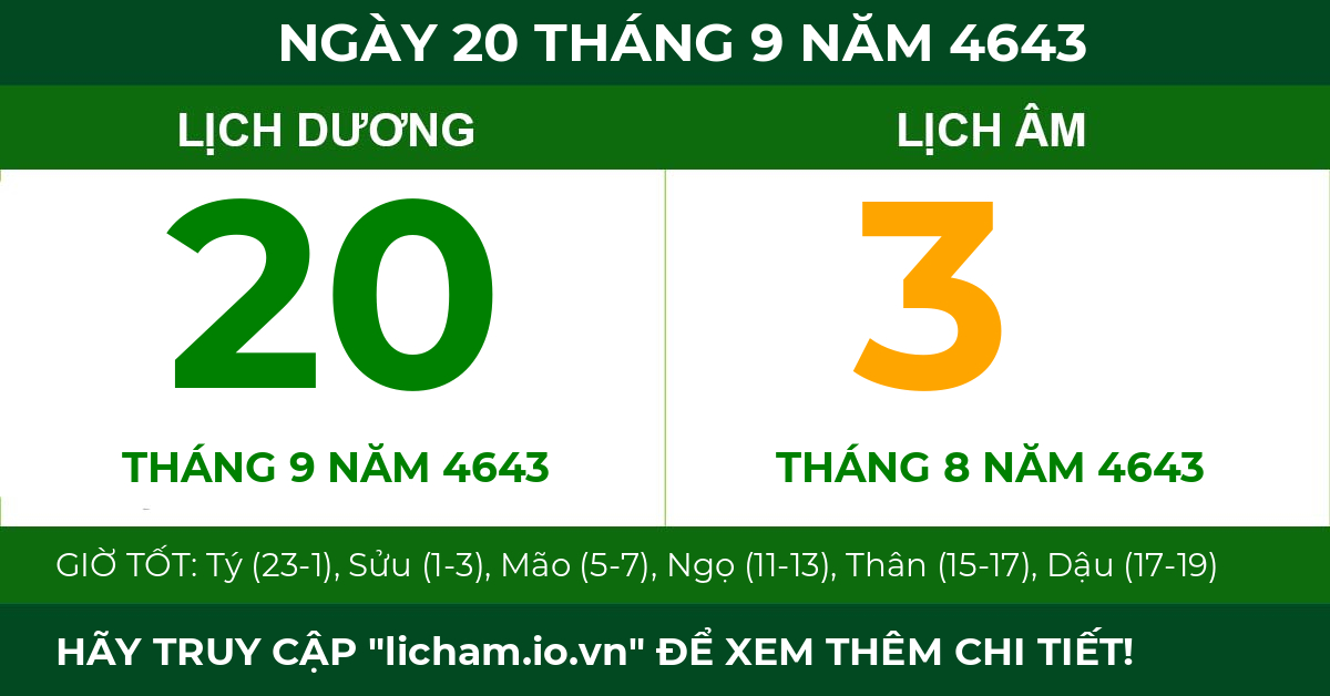 lịch âm ngày 20 tháng 9 năm 4643