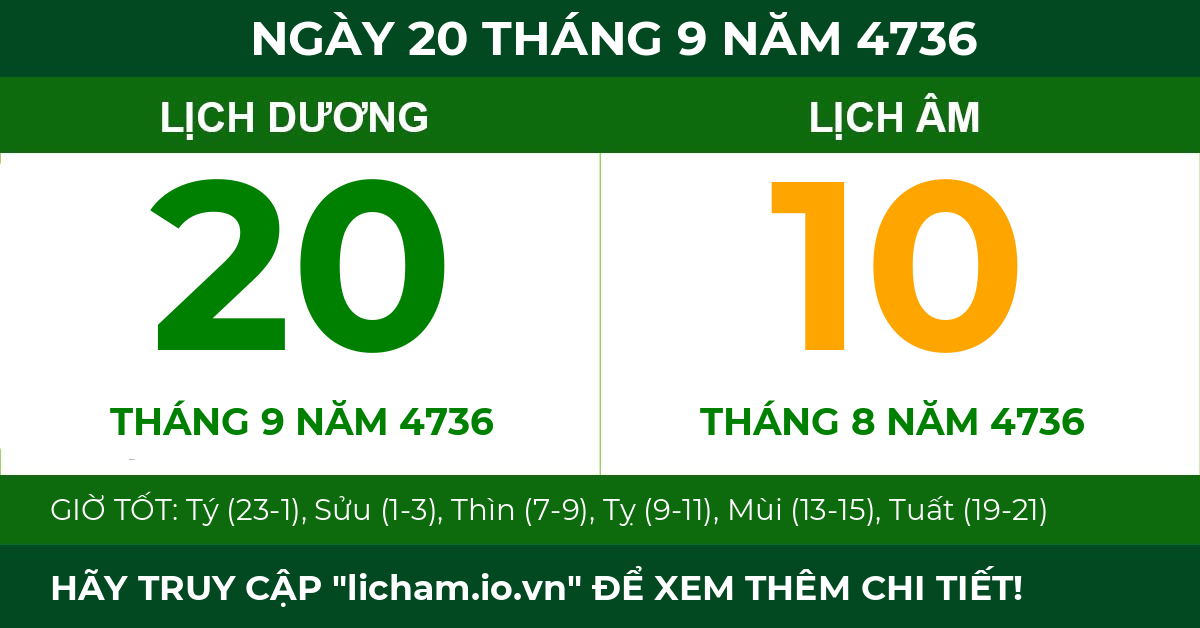 lịch âm ngày 20 tháng 9 năm 4736
