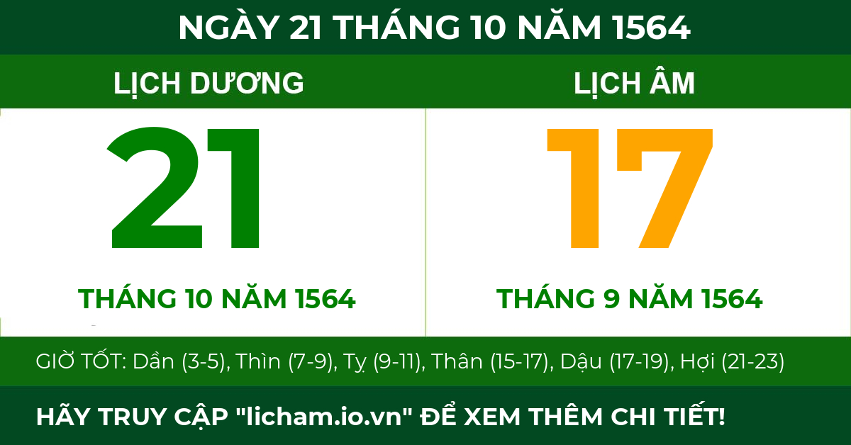 lịch âm ngày 21 tháng 10 năm 1564