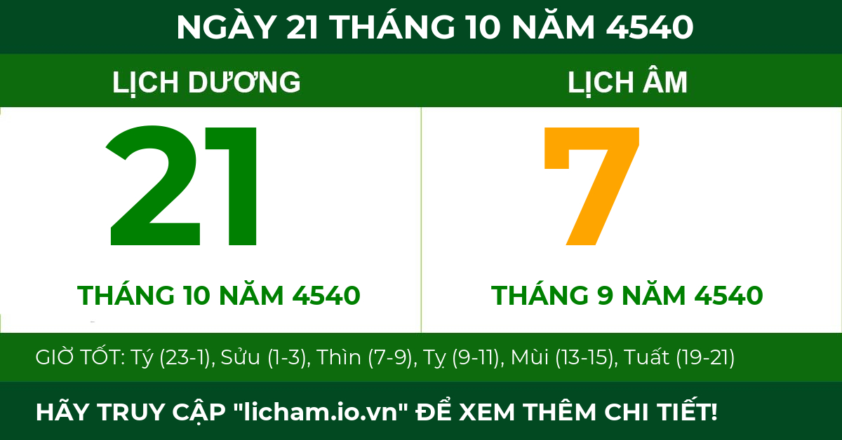 lịch âm ngày 21 tháng 10 năm 4540