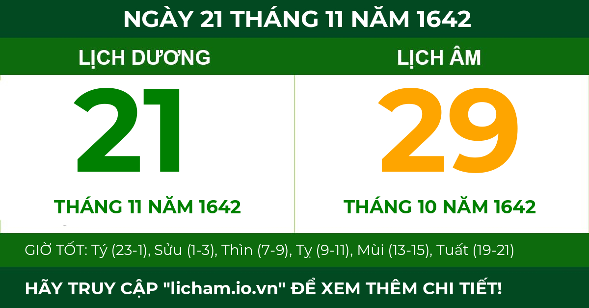 lịch âm ngày 21 tháng 11 năm 1642