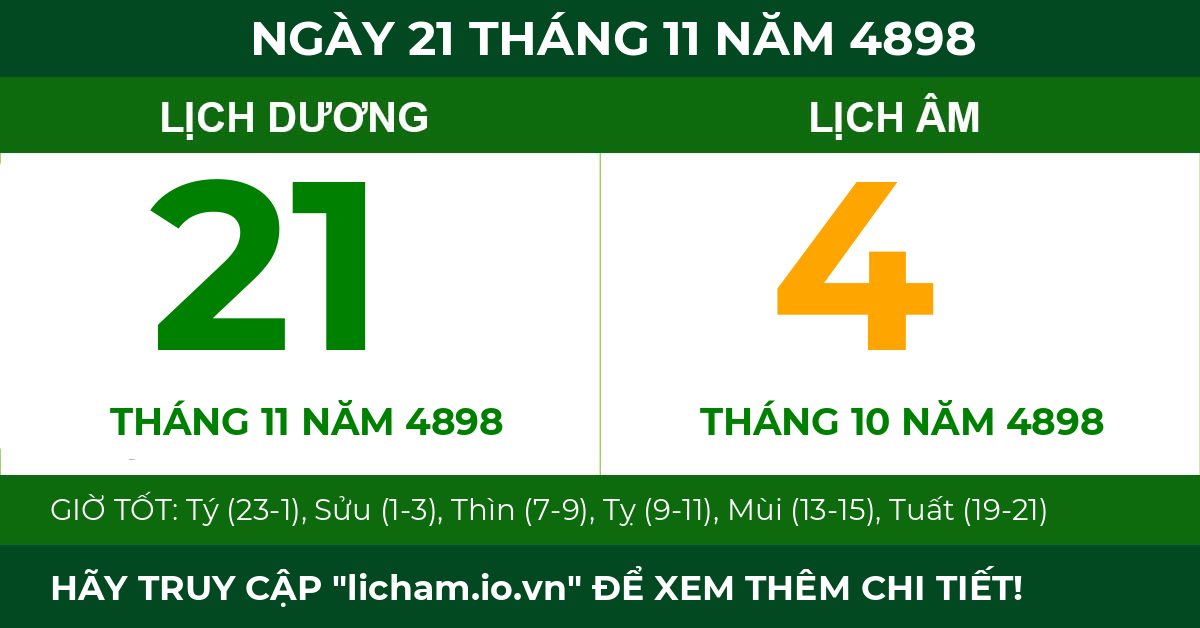 lịch âm ngày 21 tháng 11 năm 4898