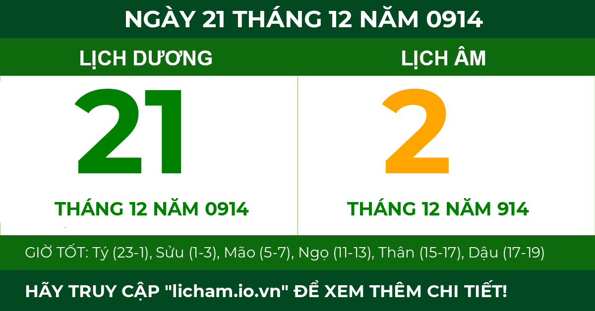 lịch âm ngày 21 tháng 12 năm 0914