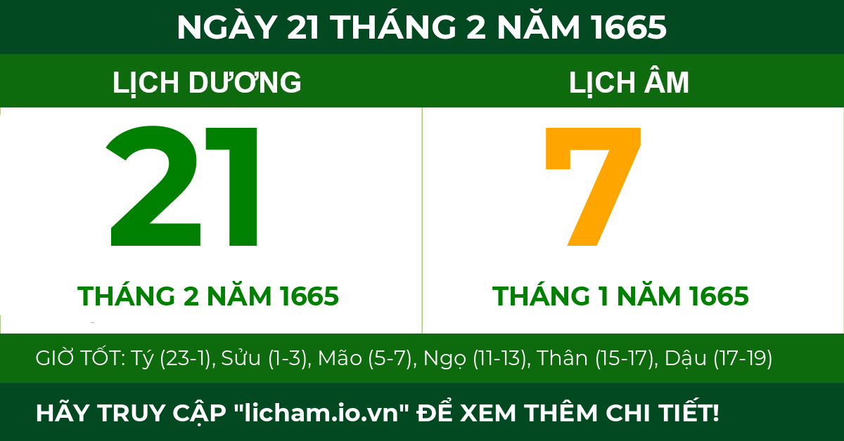 lịch âm ngày 21 tháng 2 năm 1665