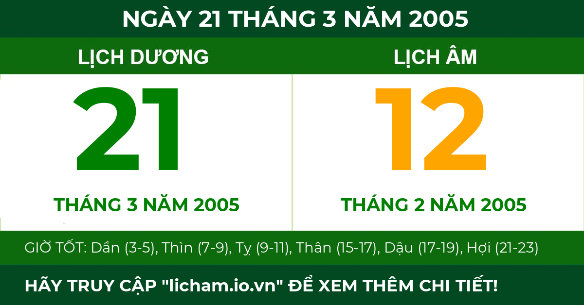 lịch âm ngày 21 tháng 3 năm 2005