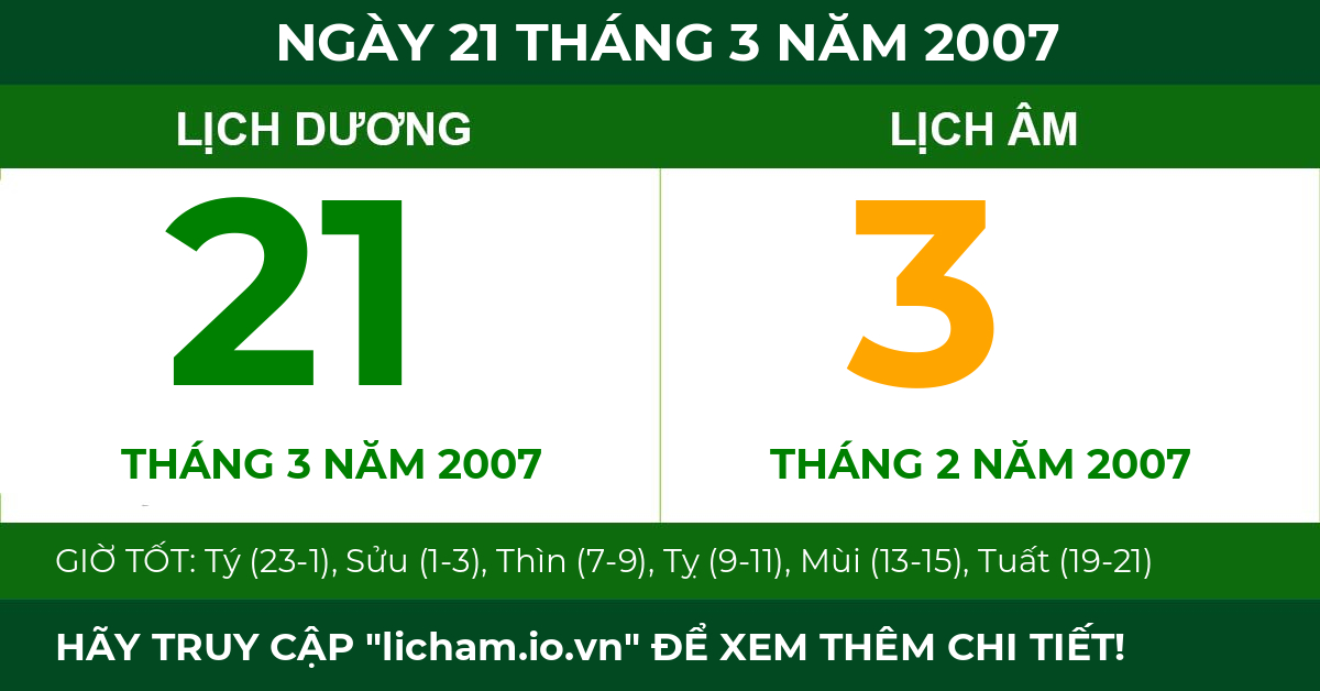 lịch âm ngày 21 tháng 3 năm 2007