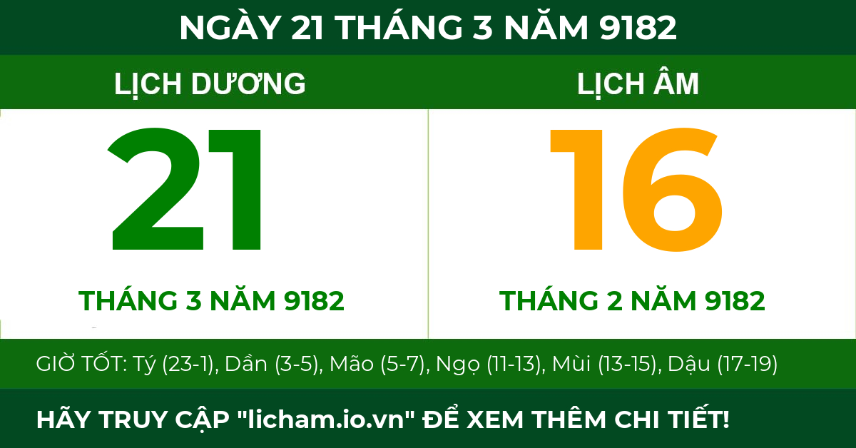 lịch âm ngày 21 tháng 3 năm 9182