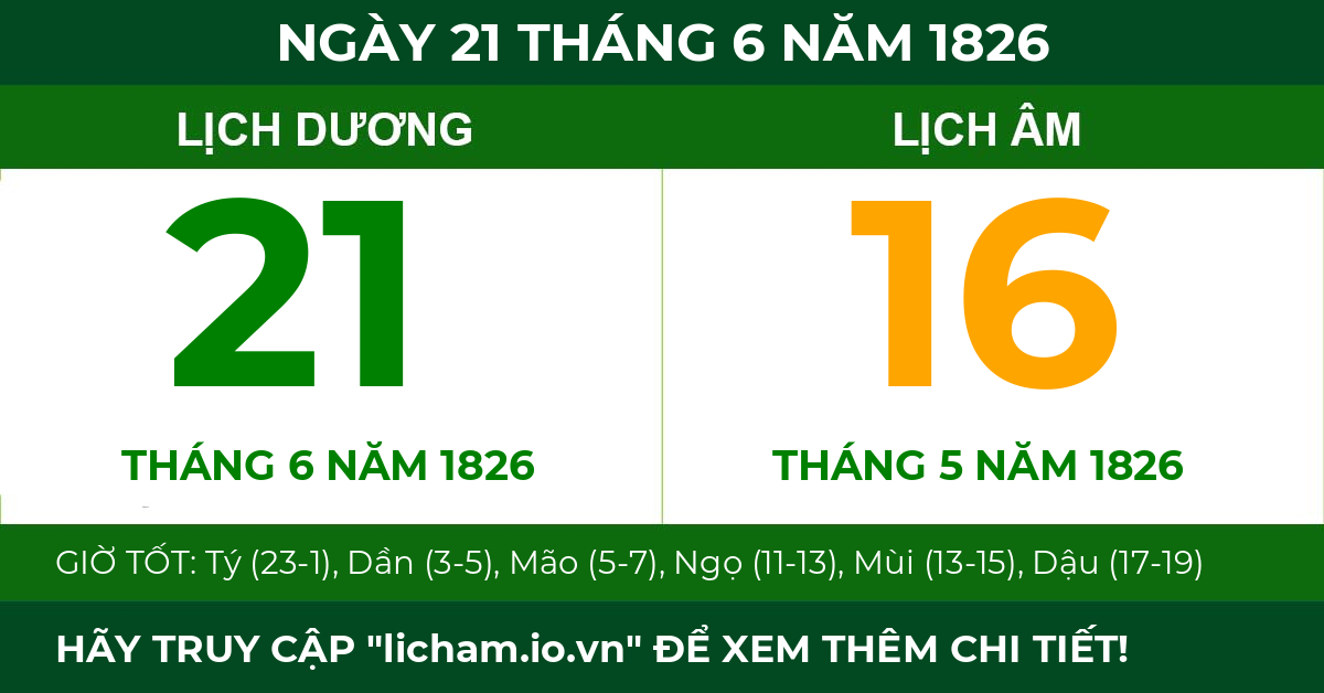 lịch âm ngày 21 tháng 6 năm 1826