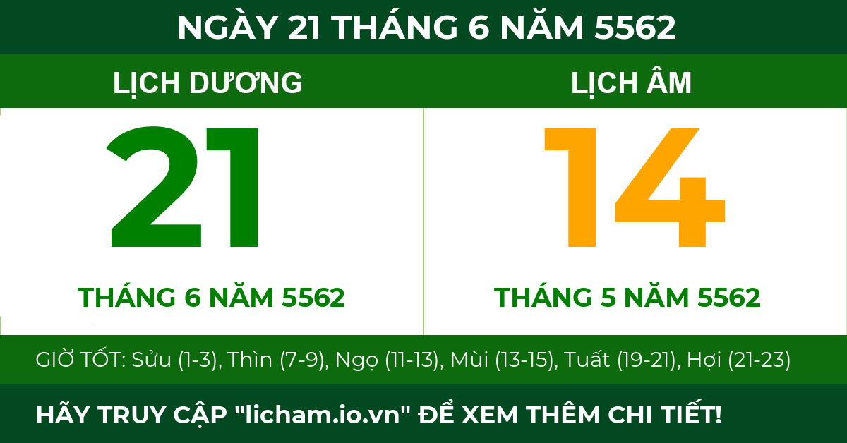 lịch âm ngày 21 tháng 6 năm 5562