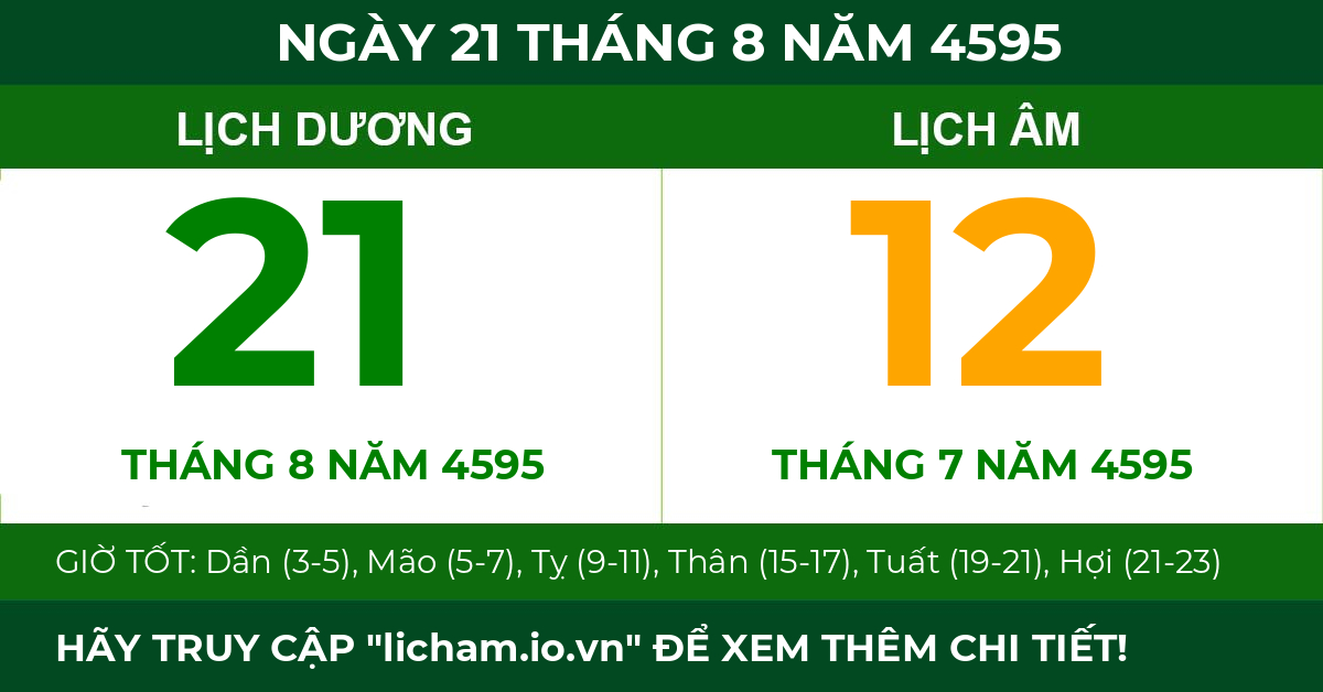 lịch âm ngày 21 tháng 8 năm 4595