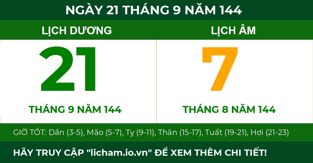 lịch âm ngày 21 tháng 9 năm 144