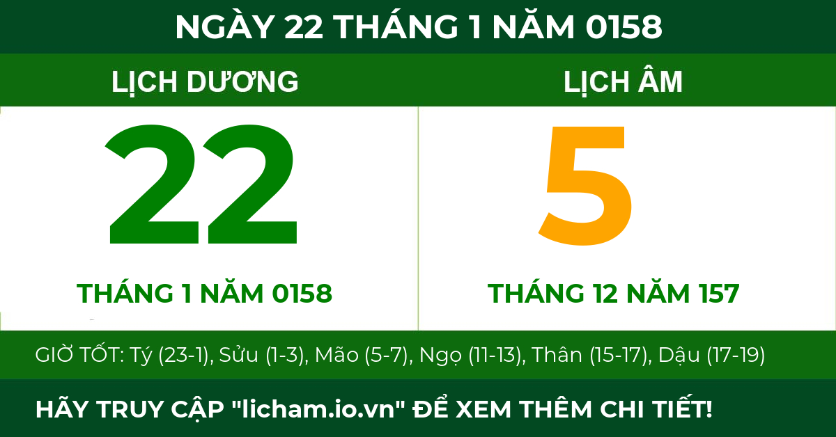 lịch âm ngày 22 tháng 1 năm 0158