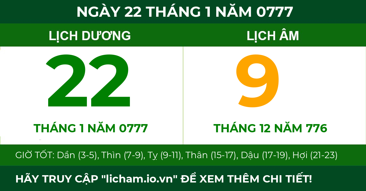 lịch âm ngày 22 tháng 1 năm 0777